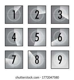 Film countdown set. Square counters with numbers in circles, vintage intro of movie, retro camera or projector timer. Can be used for television, video, cinematography, old movie concepts
