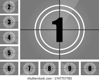 Film countdown vector illustration. Vintage retro movie. Countdown frame out 0 to 9.