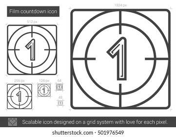 Icono de línea vectorial de cuenta regresiva de película aislado en fondo blanco. Icono de línea de cuenta regresiva para infografía, sitio web o aplicación. Icono escalable diseñado en un sistema de cuadrícula.