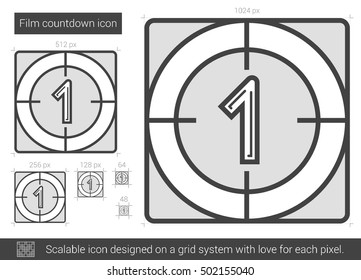 Icono de línea vectorial de cuenta regresiva de película aislado en fondo blanco. Icono de línea de cuenta regresiva para infografía, sitio web o aplicación. Icono escalable diseñado en un sistema de cuadrícula.