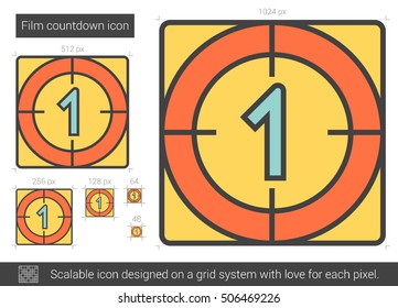 Icono de línea vectorial de cuenta regresiva de película aislado en fondo blanco. Icono de línea de cuenta regresiva para infografía, sitio web o aplicación. Icono escalable diseñado en un sistema de cuadrícula.