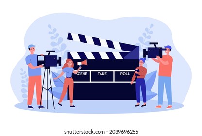 Film crew with cameras and megaphone in front of huge clapper. Team of cinema people shooting movie flat vector illustration. Cinematography, video production concept for banner or website design