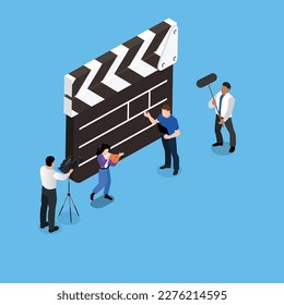 Film crew with cameras and megaphone in front of huge clapper 3d isometric vector illustration concept for banner, website, landing page, ads, flyer template