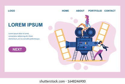 Film Crew Characters with Video Equipment Creating Movie Using Huge Videocamera. Operator Videographer Holding Camcorder Shooting Cinema Production Cartoon Flat Vector Illustration, Horizontal Banner