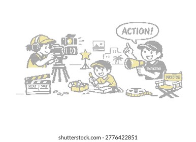 A film crew with a director and camera operator making a movie with a child actor sitting on the floor surrounded by film equipment and a clapperboard on a white background