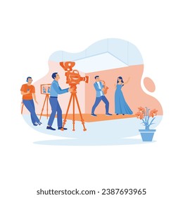 The film crew and director team shoot music in the studio. The male model plays a musical instrument, and the female model sings. Video Editor concept. trend modern vector flat illustration
