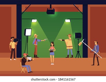 Film crew leading by director shooting a movie, flat vector illustration. Cinema studio hall background with actors and camera operators cartoon characters.