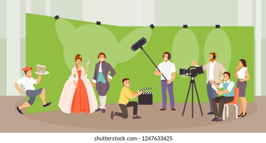 The Film Crew Makes A Historical Film. Vector Illustration