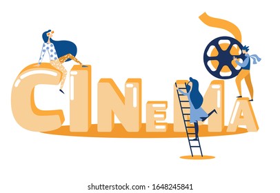 Film Crew, People with Video Equipment and Moviegoers around of Huge Word Cinema. Man with Reel Film Movie Making Team and Viewers. Entertainment Industry. Cartoon Flat Vector Illustration, Banner