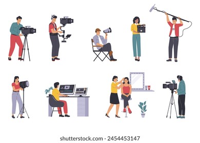 Film crew production illustration set. Professional filmmakers with equipment set. Flat illustration set