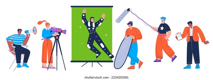 Film crew recording movie. Cinema production team with woman with camera, director with megaphone in chair, actor near green screen, men with microphone and reflector, vector flat illustration