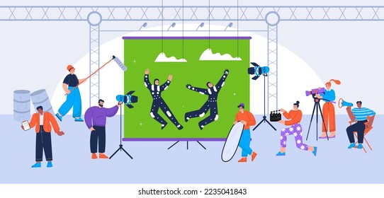 Film crew shoot movie with actors playing role at chroma key screen and staff with professional equipment, video camera, light, clapper and microphone shooting episode Linear flat vector illustration