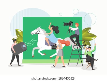 Película de rodaje de la tripulación de cine, ilustración plana vectorial. Actriz montando a caballo. Cinematografía, proceso de filmación, industria de producción cinematográfica.