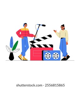 Film Crew With Sound Engineer And Director In Flat Vector Illustration Symbolizing Movie Production, Filmmaking, And Creative Industry, Isolated On White Background