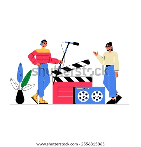 Film Crew With Sound Engineer And Director In Flat Vector Illustration Symbolizing Movie Production, Filmmaking, And Creative Industry, Isolated On White Background