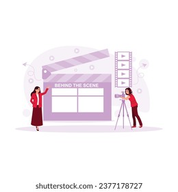  Un equipo de rodaje graba una escena femenina con un estudio de cine al fondo. Concepto de producción cinematográfica. ilustración plana vectorial moderna de tendencia