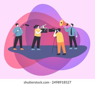 Film crew working on filming location. Girl with clapper, men with mic, camera and megaphone flat vector illustration. Cinema, film production concept for banner, website design or landing page