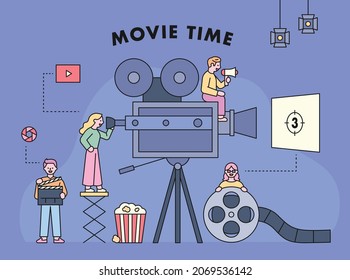 Film crews are filming around a huge film camera. Movie industry concept template. flat design style vector illustration.