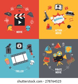 Film Design Concept Set With Action Pirate Movie Triller Flat Icons Isolated Vector Illustration