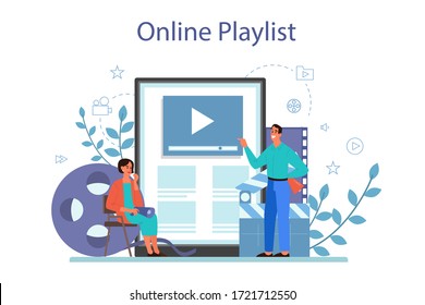 Film directing online service or platform. Idea of creative people and profession. Clapper and camera, equipment for film making. Online playlist, video streaming. Isolated vector illustration
