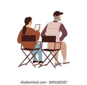 Film director and assistant sitting in chairs during video production process. Backstage of professional man producer, filmmaker, creator work. Flat vector illustration isolated on white background