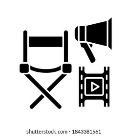 Film Director Black Glyph Icon. Hollywood Producer. Cinema Production Executive Seat And Megaphone. Film Making Equipment. Silhouette Symbol On White Space. Vector Isolated Illustration