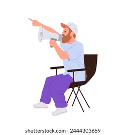 Film director Cartoon character with bullhorn megaphone at work enjoying movie making process