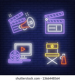 Film director chair, clapper, megaphone and reel neon signs set. Entertainment, cinema, movie industry design. Night neon sign, colorful billboard, light banner. Vector illustration in neon style