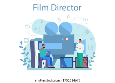 Film director concept illustration. Idea of creative people and profession. Movie director leading a filming process. Clapper and camera, equipment for film making. Isolated vector illustration