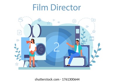 Film director concept illustration. Idea of creative people and profession. Movie director leading a filming process. Clapper and camera, equipment for film making. Isolated vector illustration