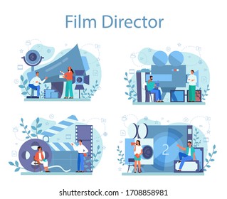 Film director concept illustration set. Idea of creative people and profession. Movie director leading a filming process. Clapper and camera, equipment for film making. Isolated vector illustration