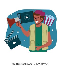 Film director concept. Man with speaker, pop corn and clapperboard. Film production and industry. Recording of movies and tv series. Entertainment and fun. Cartoon flat vector illustration