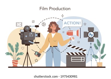 Film director concept. Movie director leading a filming process. Clapper and camera, equipment for film making. Idea of creative people and profession. Flat vector illustration