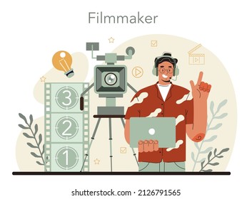 Film director concept. Movie maker leading a filming process. Clapper and camera, equipment for film making. Idea of creative people and profession. Flat vector illustration