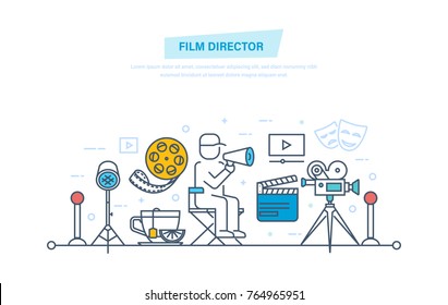 Film director concept. Film director participates in process of filming and management. Entertainment, cinema, movie time, film, movie theater. Illustration thin line design of vector doodles.