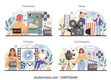 Film director concept set. Movie director leading a filming process.