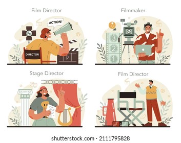 Film director concept set. Movie maker leading a filming process. Clapper and camera, equipment for film making. Idea of creative people and profession. Flat vector illustration