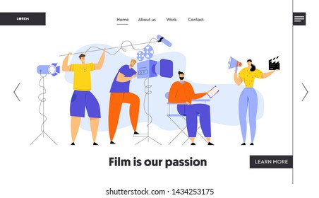 Film Director Controlling Movie Shooting Process, Cameraman, Sound Engineer, Woman with Megaphone and Clapper, Moviemaking Staff Website Landing Page, Web Page. Cartoon Flat Vector Illustration Banner