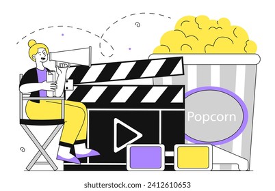 Film director linear concept. Production of movie and series. Woman with loudspeaker, black clapperboard. 3D glasses and popcorn basket. Doodle flat vector illustration isolated on white background