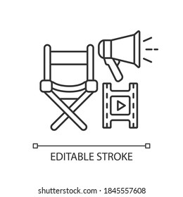 Film Director Linear Icon. Hollywood Producer. Cinema Production Executive Seat And Megaphone. Thin Line Customizable Illustration. Contour Symbol. Vector Isolated Outline Drawing. Editable Stroke