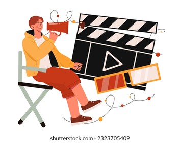 Film director with loudspeaker concept. Man with loudspeaker next to clapperboard and 3d glasses. Production of interesting content, films and series. Cartoon flat vector illustration