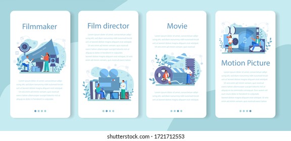 Film director mobile application banner set. Idea of creative profession. Movie director leading a filming process. Clapper and camera, equipment for film making. Isolated vector illustration