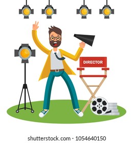 Film director on the set. Videoproduction and filmmaking. Flat vector cartoon illustration. Objects isolated on white background.