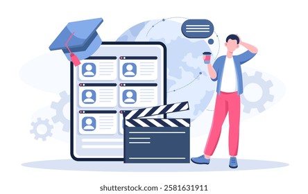 Film director online. Man with coffee near clapperboard. Talented author comes up with script. Cinematography and filmmaking. Series and movies production. Flat vector illustration