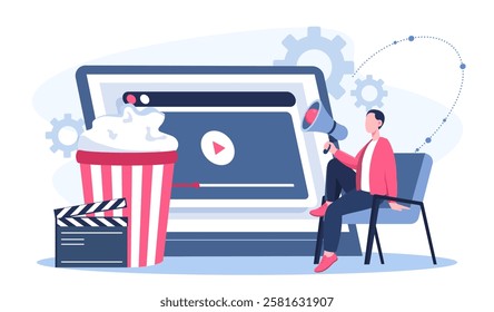 Film director online. Man with loudspeaker and pop corn near clapperboard. Talented author comes up with script. Cinematography and filmmaking. Poster or banner. Flat vector illustration