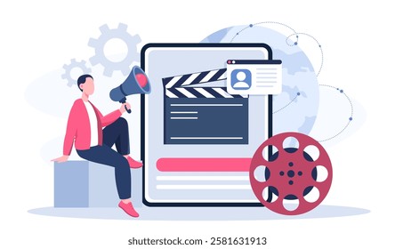 Film director online. Man with loudspeaker near film reel. Talented author comes up with script. Cinematography and filmmaking. Movies and cinema. Flat vector illustration