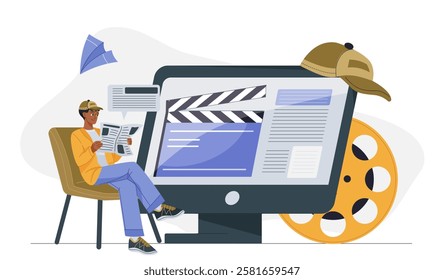 Film director online. Man sitting near computer screen and film reel. Filmmaking and film industry. Movies and TV series production. Director and screenwriter. Flat vector illustration