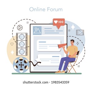 Film director online service or platform. Movie director leading a filming process. Equipment for film making. Online forum. Flat vector illustration