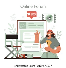 Film director online service or platform. Movie maker leading a filming process. Clapper and camera, equipment for film making. Online forum. Vector illustration