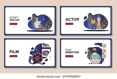 Conjunto de afiches de director de cine. Guionista y actores, carrete de cinta de película, tira de película. Producción de películas y series. Industria del entretenimiento. Colección de Vector plana aislada sobre fondo beige